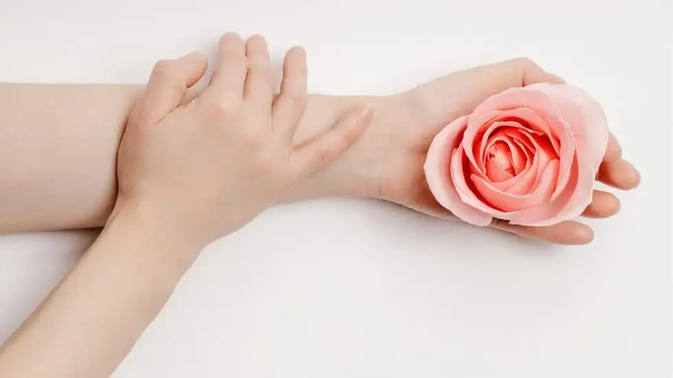 دست آماده ماساژ با یک گل در کف دست